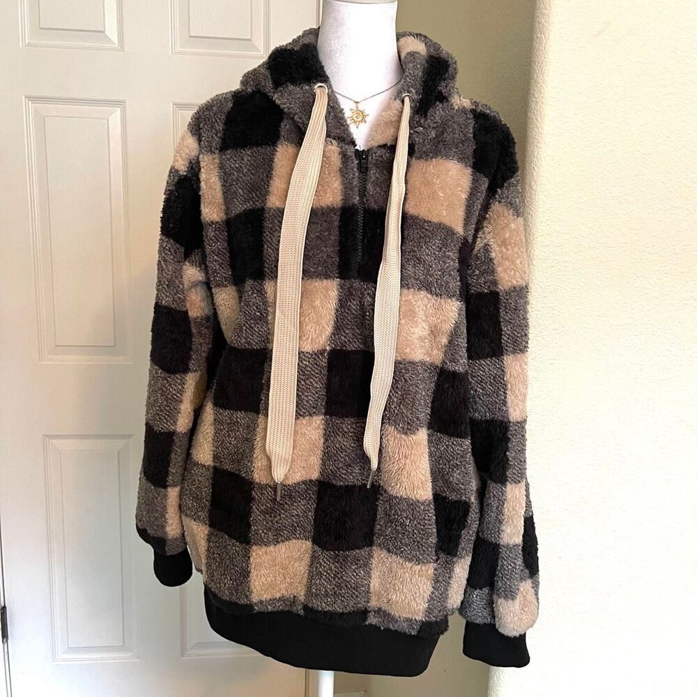 Black and tan gingham fuzzy fleece quarter zip hooded pullover - size large